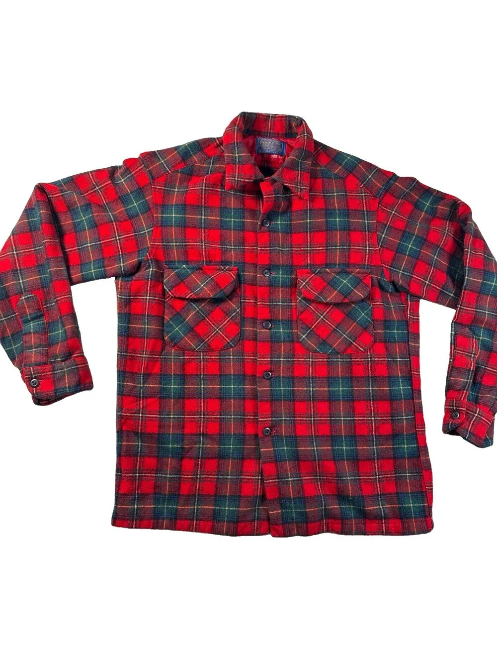 Men Pendleton 70's Check Flannel Plaid Shirt Red× Navy Wool Size M Pre Owned